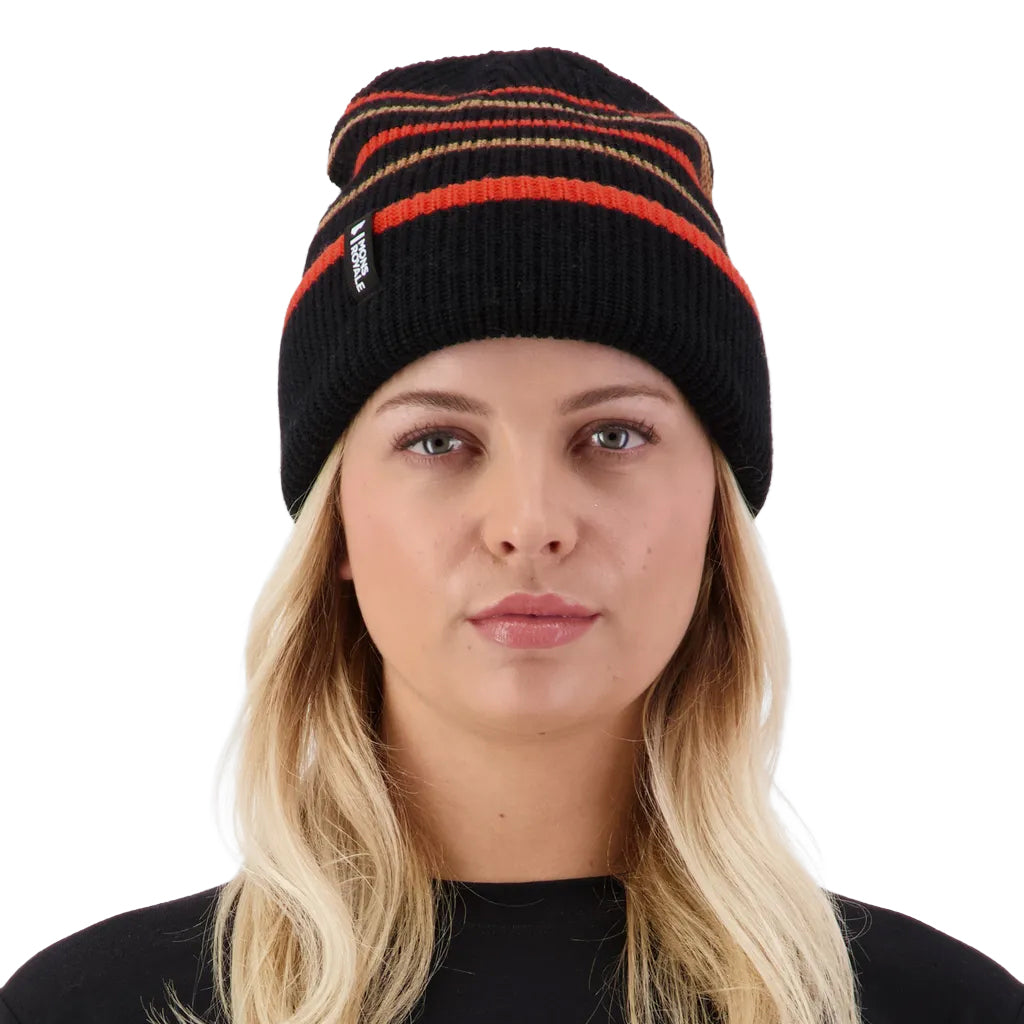 Stripey Merino Beanie - Black/Sun Orange/Tan