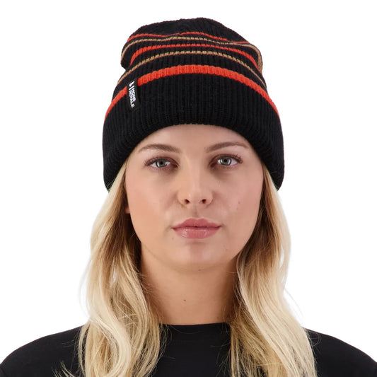 Stripey Merino Beanie - Black/Sun Orange/Tan