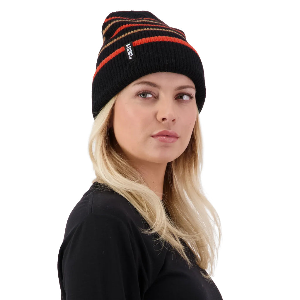 Stripey Merino Beanie - Black/Sun Orange/Tan