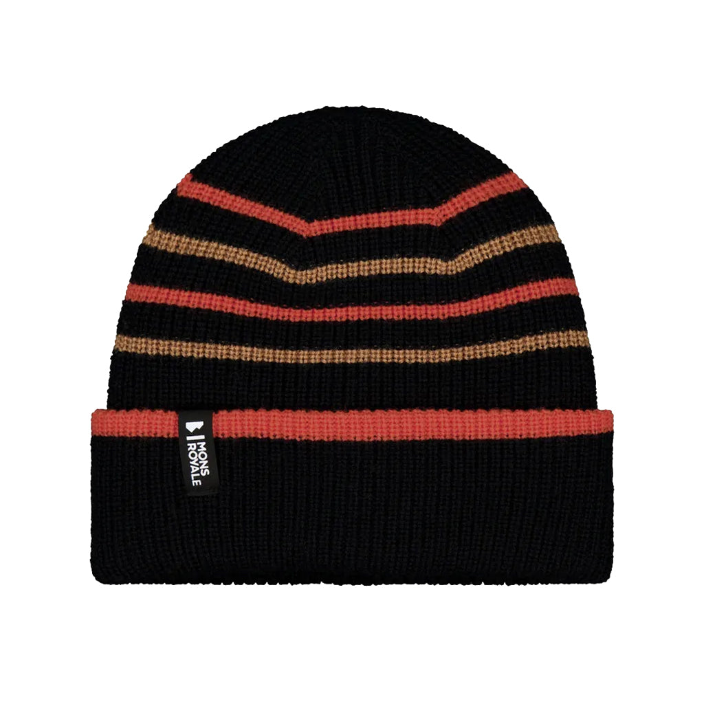 Stripey Merino Beanie - Black/Sun Orange/Tan