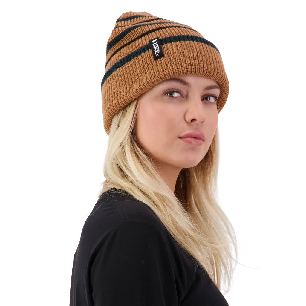 Stripey Merino Beanie - Tan/Dark Pine/Black