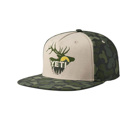 Sunrise Elk 5 Panel Flat Brim - Green Camo